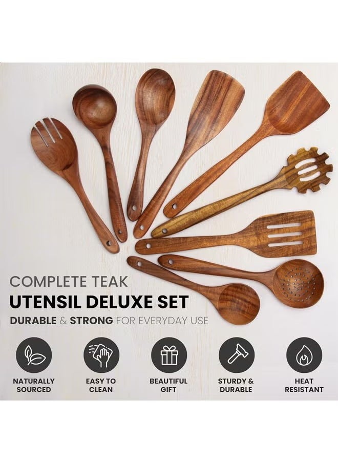 9-Piece Teak Wooden Utensils for Cooking, Smooth Finish Natural Teak Utensil Set, Non-Stick Wooden Spoons for Cooking, Kitchen Gift Set, Comfortable Grip Wooden Utensil Set