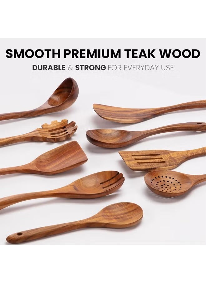 9-Piece Teak Wooden Utensils for Cooking, Smooth Finish Natural Teak Utensil Set, Non-Stick Wooden Spoons for Cooking, Kitchen Gift Set, Comfortable Grip Wooden Utensil Set