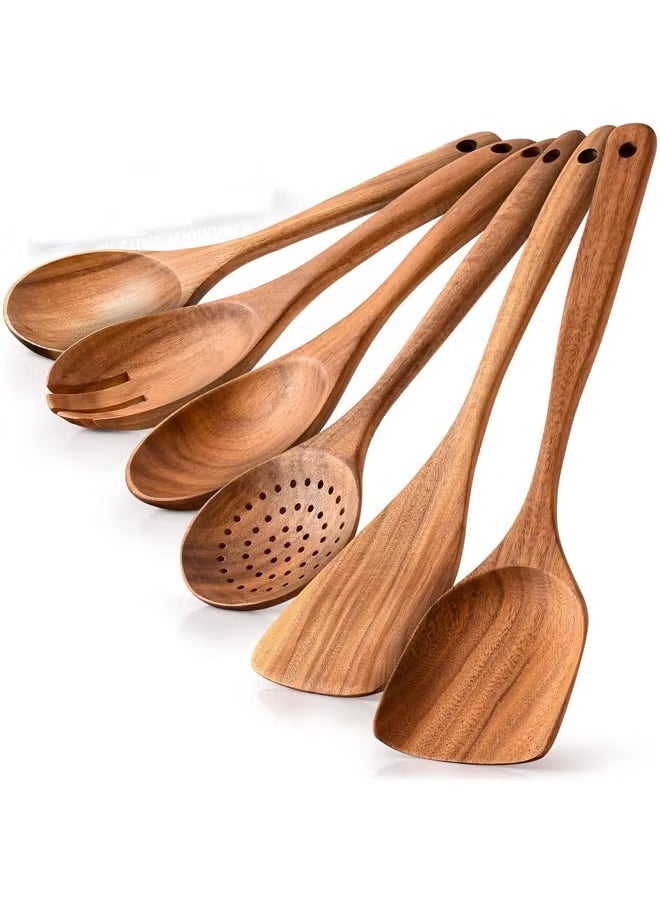 6-Piece Wooden Spoons for Cooking, Smooth Finish Teak Wooden Utensils for Cooking, Soft Comfort-Grip Wood Spoons for Cooking, Non-Stick Wooden Cooking Utensils, Wooden Spoon Sets