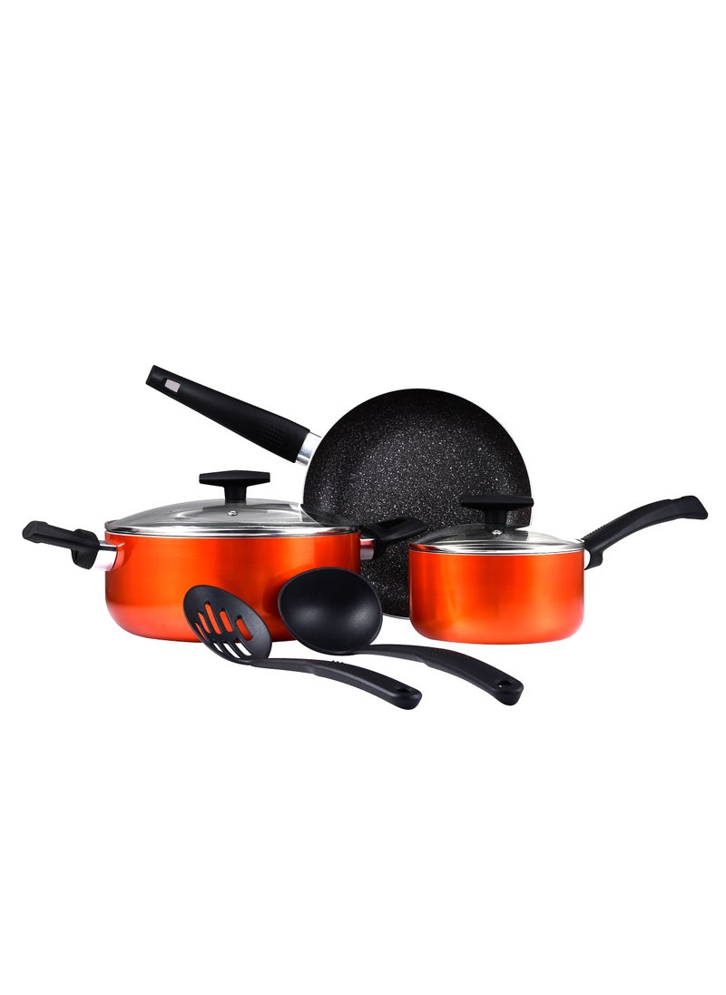 SHINE 7PCS COOKWARE SET, PRESSED ALUMINUM COOKING SET, MARBLE+ NON-STICK COATING COOKWARE, INDUCTION BOTTOM COOKING POT SET, SUITABLE FOR ALL STOVES, METALIC ORANGE COLOR, BG34660OR