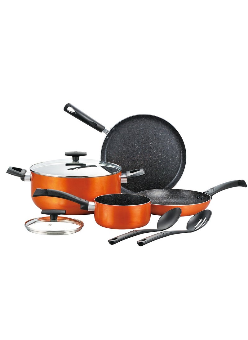 ULTRA 8PCS COOKWARE SET, PRESSED ALUMINUM COOKING SET, INDUCTION BOTTOM COOKWARE, MARBLE+ NON-STICK COATING COOKING POTS, SUITABLE FOR ALL STOVES, METALIC ORANGE COLOR, BG31309OR
