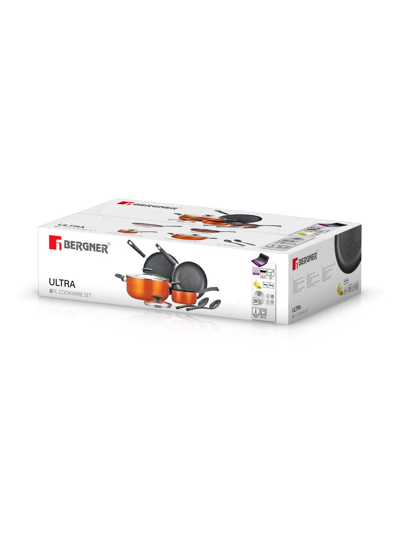 ULTRA 8PCS COOKWARE SET, PRESSED ALUMINUM COOKING SET, INDUCTION BOTTOM COOKWARE, MARBLE+ NON-STICK COATING COOKING POTS, SUITABLE FOR ALL STOVES, METALIC ORANGE COLOR, BG31309OR