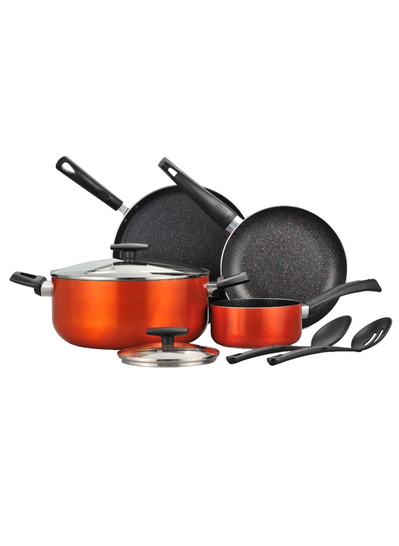 ULTRA 8PCS COOKWARE SET, PRESSED ALUMINUM COOKING SET, INDUCTION BOTTOM COOKWARE, MARBLE+ NON-STICK COATING COOKING POTS, SUITABLE FOR ALL STOVES, METALIC ORANGE COLOR, BG31309OR