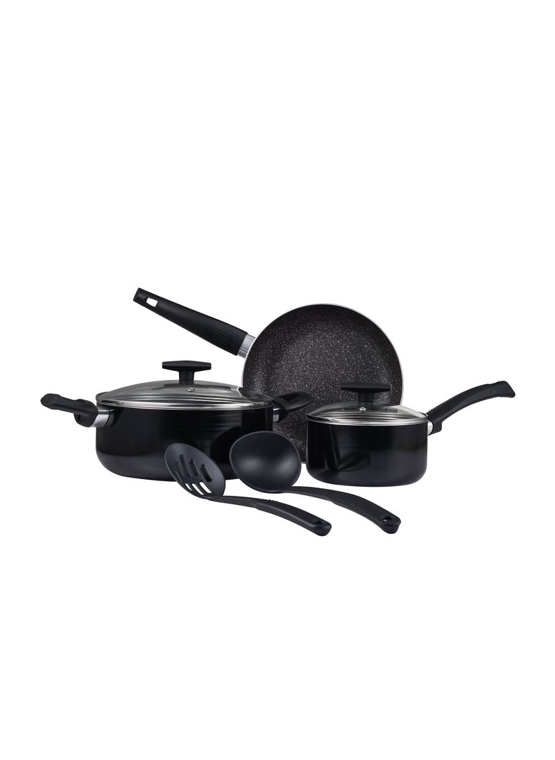SHINE 7PCS COOKWARE SET, PRESSED ALUMINUM COOKING SET, MARBLE+ NON-STICK COATING COOKWARE, INDUCTION BOTTOM COOKING POT SET, SUITABLE FOR ALL STOVES, BLACK COLOR, BG34660BK