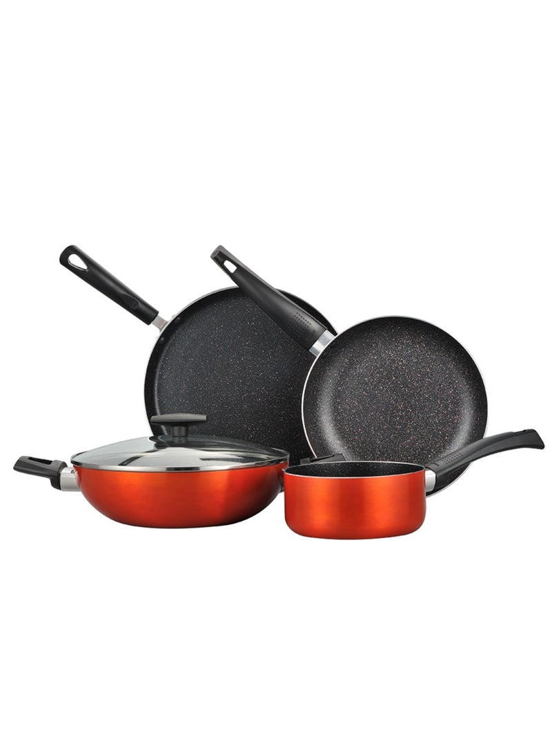 ULTRA 5PCS COOKWARE SET, PRESSED ALUMINUM COOKING SET, INDUCTION BOTTOM COOKWARE , MARBLE+ NON-STICK COATING COOKING POTS, SUITABLE FOR ALL STOVES, METALIC ORANGE COLOR, BG31306OR