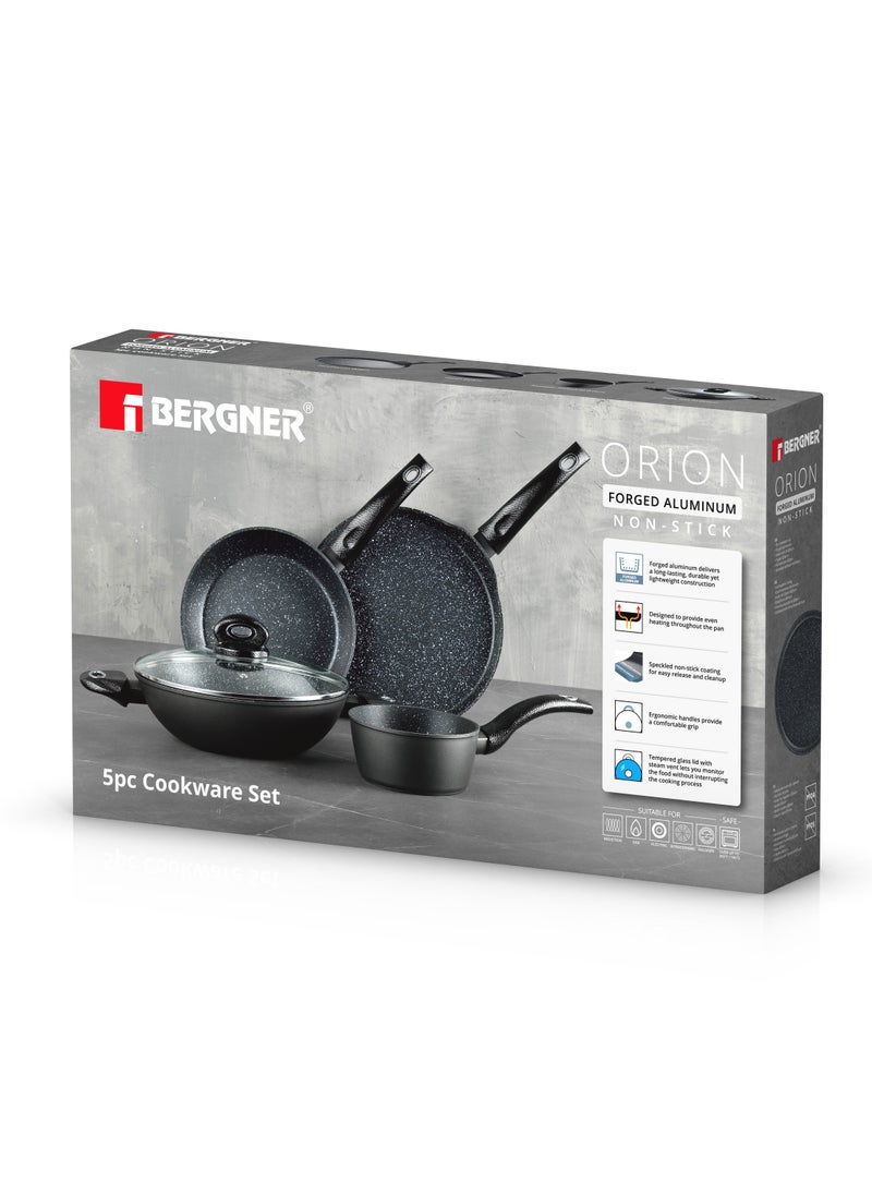ORION 5PCS  COOKWARE SET, FORGED ALUMINUM COOKING SET, INDUCTION BOTTOM COOKWARE, MARBLE+ NON-STICK COATING COOKING POTS, SUITABLE FOR ALL STOVES, GREY COLOR, BG30067GY