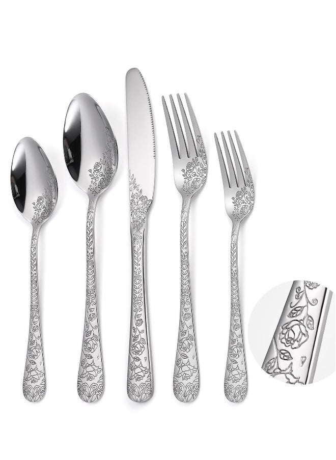 Elegant Floral Stainless Steel Flatware Set of 5 with Rose Design for Everyday Dining and Special Occasions
