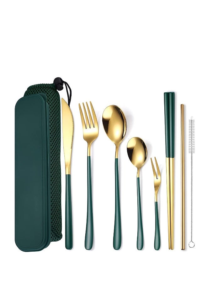 Portable Reusable Cutlery Set, Travel Utensils Set with Case, Stainless Steel Flatware Set Including Knife Fork Spoon Chopsticks Straws Brush, Dishwasher Safe (8Pcs Green golden)