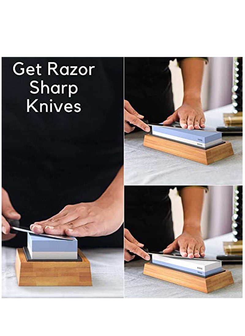 Sharpening Stone 1000/6000 Grits Two Sides Professional Whetstone Knife Sharpener, Premiun Water Whetstone on Non-Slip Silicone Holder & Bamboo Block