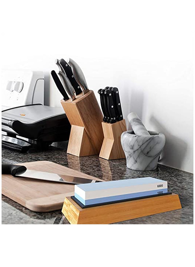 Sharpening Stone 1000/6000 Grits Two Sides Professional Whetstone Knife Sharpener, Premiun Water Whetstone on Non-Slip Silicone Holder & Bamboo Block
