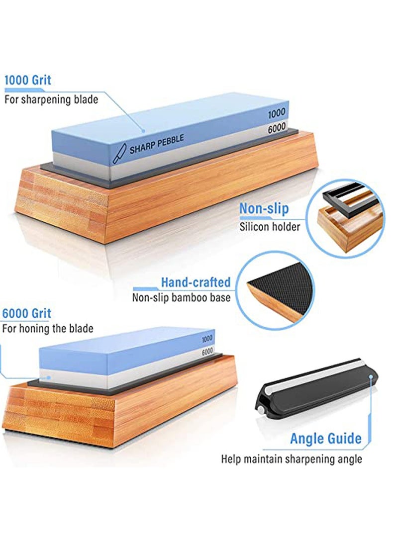 Sharpening Stone 1000/6000 Grits Two Sides Professional Whetstone Knife Sharpener, Premiun Water Whetstone on Non-Slip Silicone Holder & Bamboo Block