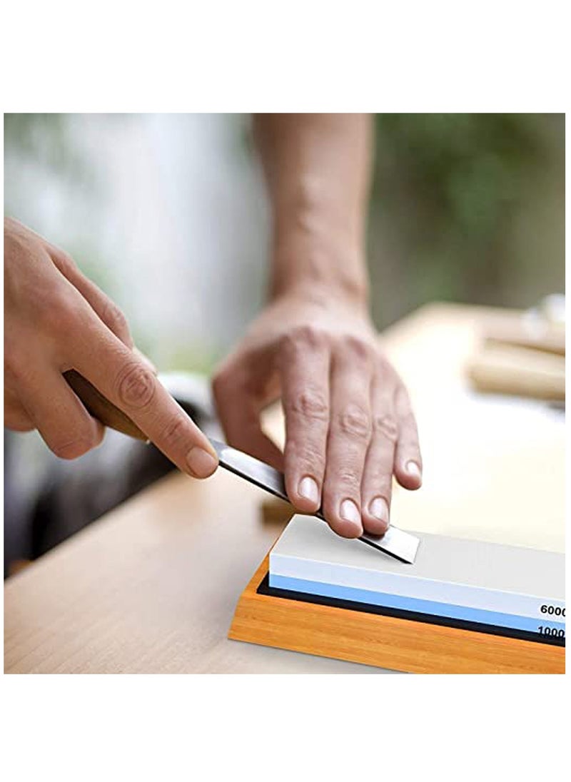 Sharpening Stone 1000/6000 Grits Two Sides Professional Whetstone Knife Sharpener, Premiun Water Whetstone on Non-Slip Silicone Holder & Bamboo Block