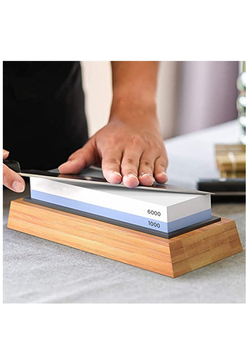 Sharpening Stone 1000/6000 Grits Two Sides Professional Whetstone Knife Sharpener, Premiun Water Whetstone on Non-Slip Silicone Holder & Bamboo Block