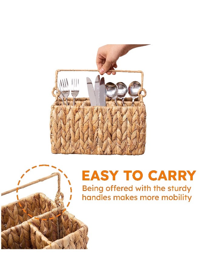 1 Pack With Handle Flatware Organizer, Hand Woven Water Hyacinth Cutlery Holder for Countertop