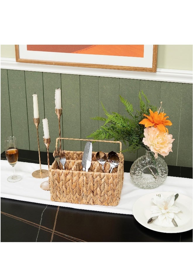 1 Pack With Handle Flatware Organizer, Hand Woven Water Hyacinth Cutlery Holder for Countertop
