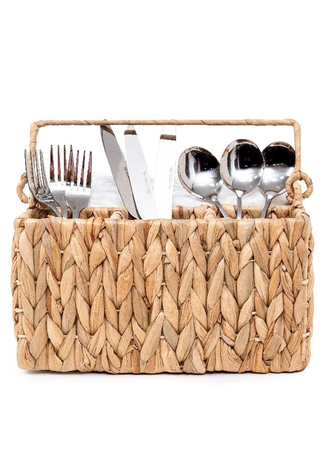 1 Pack With Handle Flatware Organizer, Hand Woven Water Hyacinth Cutlery Holder for Countertop