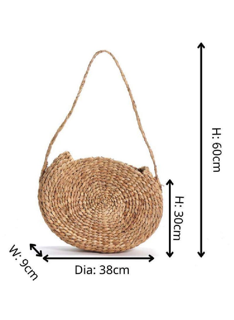 Handwoven Round Boho Crossbody Bag – Rattan Shoulder Purse with Long Strap | Vintage Straw Woven Handbag for Women