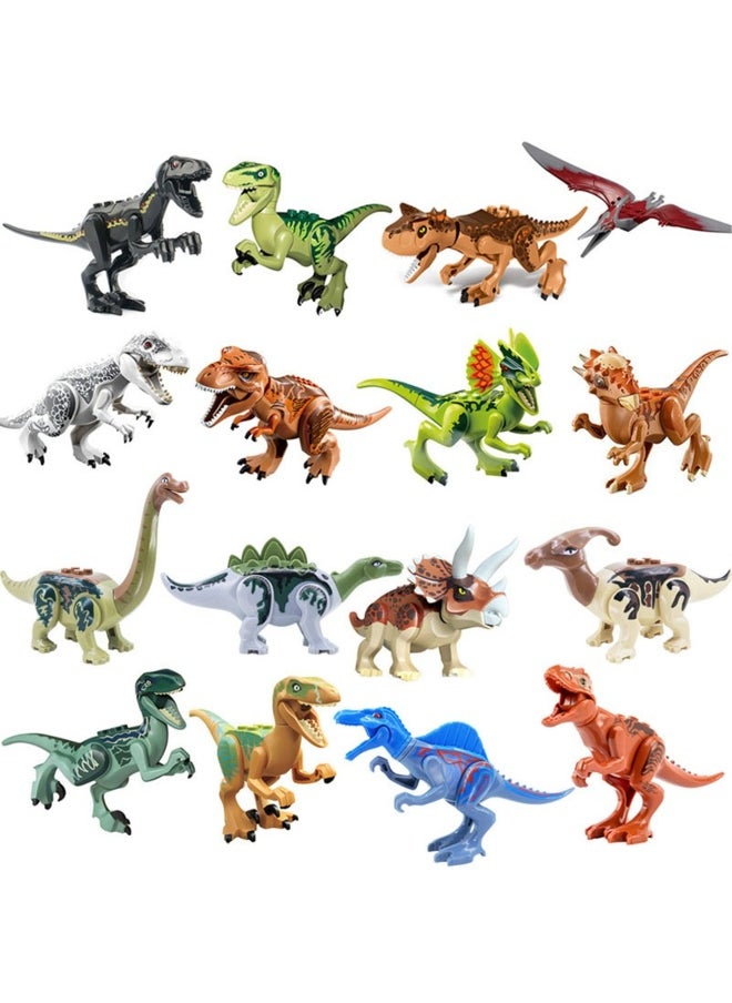 16-Piece Dinosaur Building Block Set Toys Including Tyrannosaurus Rex, Dilophosaurus, Carnotaurus, Velociraptor, Giganotosaurus, Triceratops