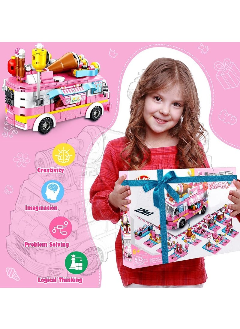 Girls Building Blocks Toys, 553 PCS Ice Cream Trucks Toys for 6 Year Old Kids, 25 Models Food Cars Construction Building Block Kits, Educational Toys Gifts for Age 6 12 + Year Old Kids