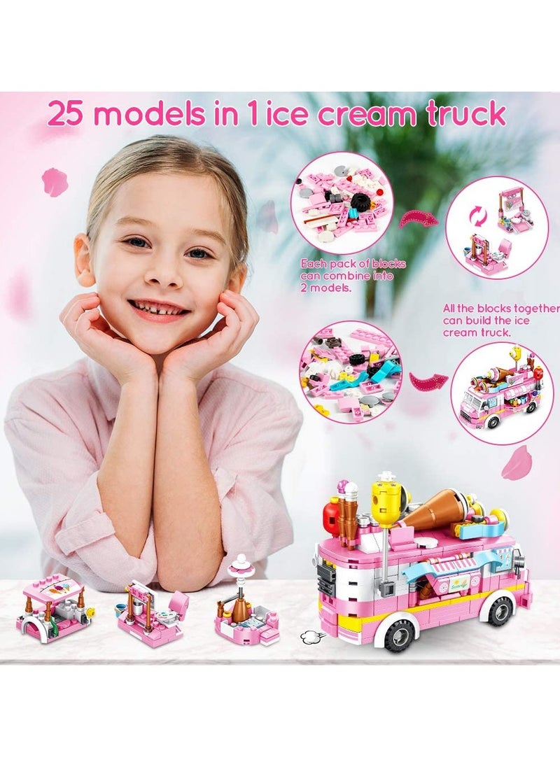 Girls Building Blocks Toys, 553 PCS Ice Cream Trucks Toys for 6 Year Old Kids, 25 Models Food Cars Construction Building Block Kits, Educational Toys Gifts for Age 6 12 + Year Old Kids