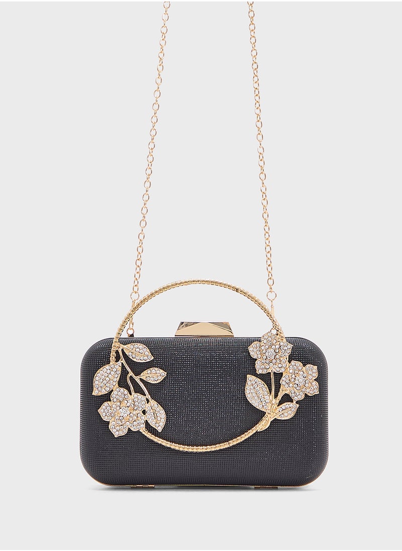 Floral Detail Diamante Clutch Bag