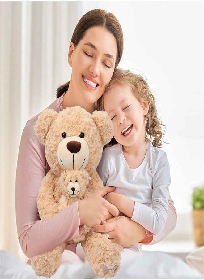 Teddy Bear Plush Stuffed Toys,  Kids Soft Plushie Animal Doll, Birthday Gift for Toddlers Boys Girls, Adorable Stuffed Mom Bear with Stretched Baby Bear, Baby Shower Nursery Decorate