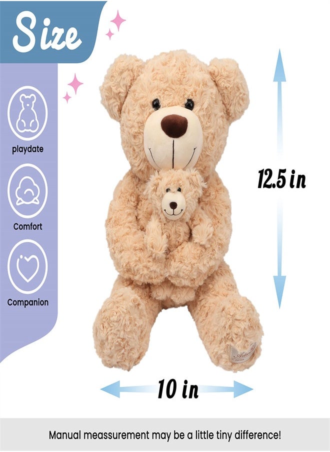 Teddy Bear Plush Stuffed Toys,  Kids Soft Plushie Animal Doll, Birthday Gift for Toddlers Boys Girls, Adorable Stuffed Mom Bear with Stretched Baby Bear, Baby Shower Nursery Decorate