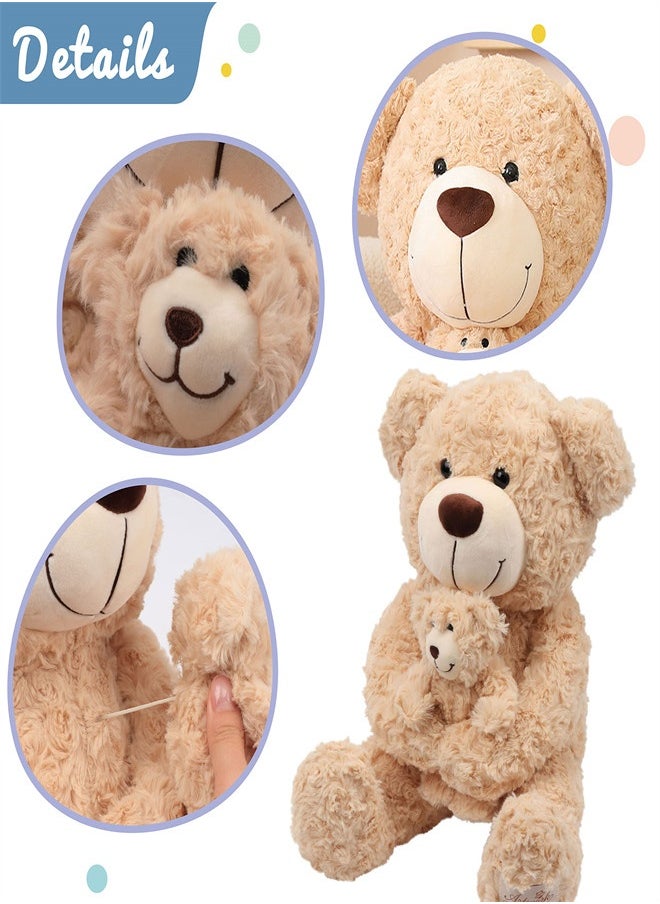 Teddy Bear Plush Stuffed Toys,  Kids Soft Plushie Animal Doll, Birthday Gift for Toddlers Boys Girls, Adorable Stuffed Mom Bear with Stretched Baby Bear, Baby Shower Nursery Decorate