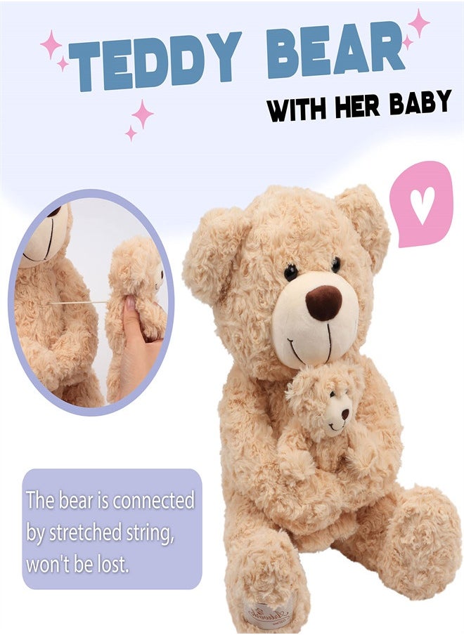 Teddy Bear Plush Stuffed Toys,  Kids Soft Plushie Animal Doll, Birthday Gift for Toddlers Boys Girls, Adorable Stuffed Mom Bear with Stretched Baby Bear, Baby Shower Nursery Decorate
