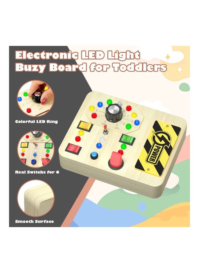 Toddler Busy Board with LED Light Switch, Wooden Sensory Board Toys for Kids 3+, Educational Travel Activities for Boys and Girls, Perfect Gift for Learning and Fun.