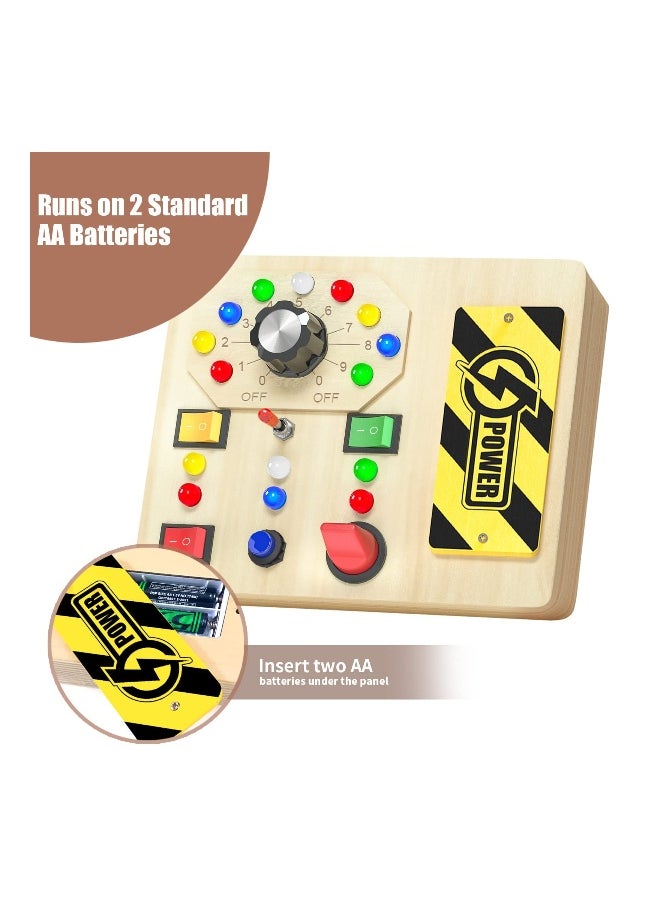 Toddler Busy Board with LED Light Switch, Wooden Sensory Board Toys for Kids 3+, Educational Travel Activities for Boys and Girls, Perfect Gift for Learning and Fun.