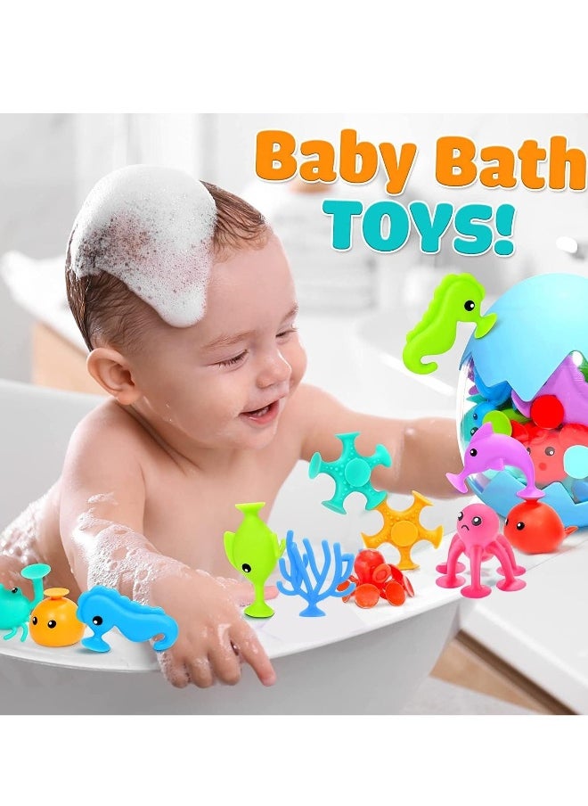 18pcs Suction Bath Toys for Kids, Silicone Ocean Animal Cup Toys, Fine Motor Skills Development, Sensory Travel Toys for Toddlers, Educational Gift for Ages 3 and Up