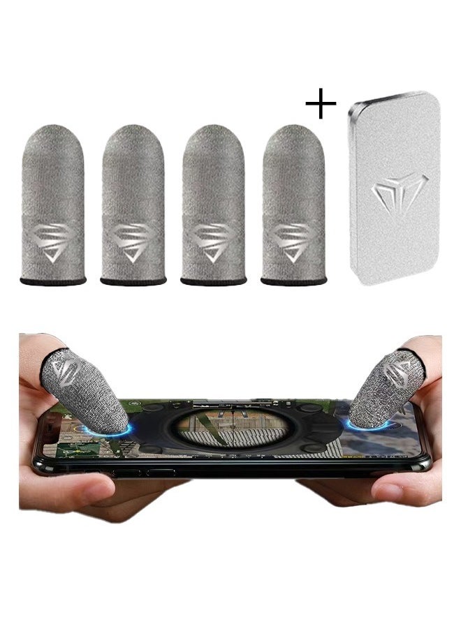 4pcs Gaming Finger gloves,Paired With A Metal Storage Box,100% Visible Silver Fibers,Just Right Pressure/Breathable/Sweatproof（silvery）