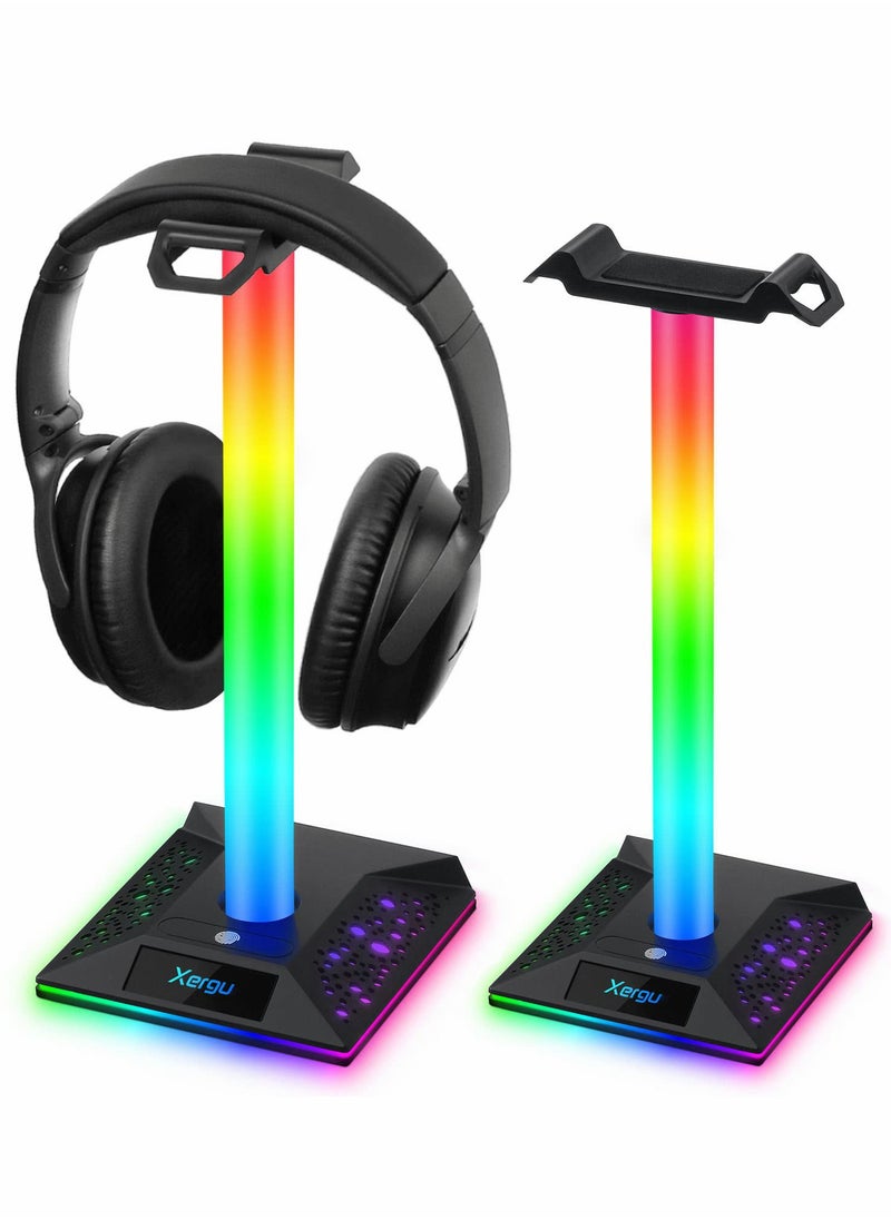 RGB Gaming Headphone Stand with 3.5mm AUX and 2 USB Ports, Perfect Headset Holder for Gamers and Desktop Accessories