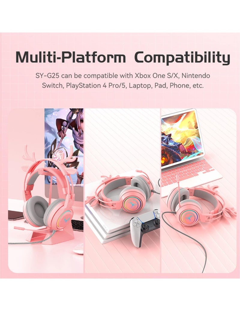 Stereo Gaming Headset for PS4 PC Xbox One PS5 Controller,Noise Cancelling Over Ear Headphones with Mic, LED Breathing Light, Bass Surround, Soft Memory Earmuffs for Laptop Mac Nintendo (Pink)