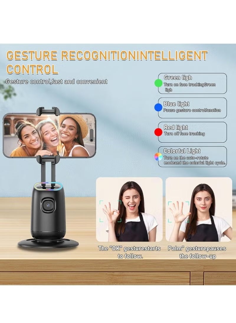 P05 Auto Face Tracking Phone Holder 360° Smart Gimbal Stabilizer with Adjustable Lens & Colorful Lights | AI Gesture Control Mobile Stand for Smartphone Vlog, Live Chat, Selfies & Tripod Stand – Perfect for Content Creators and Influencers