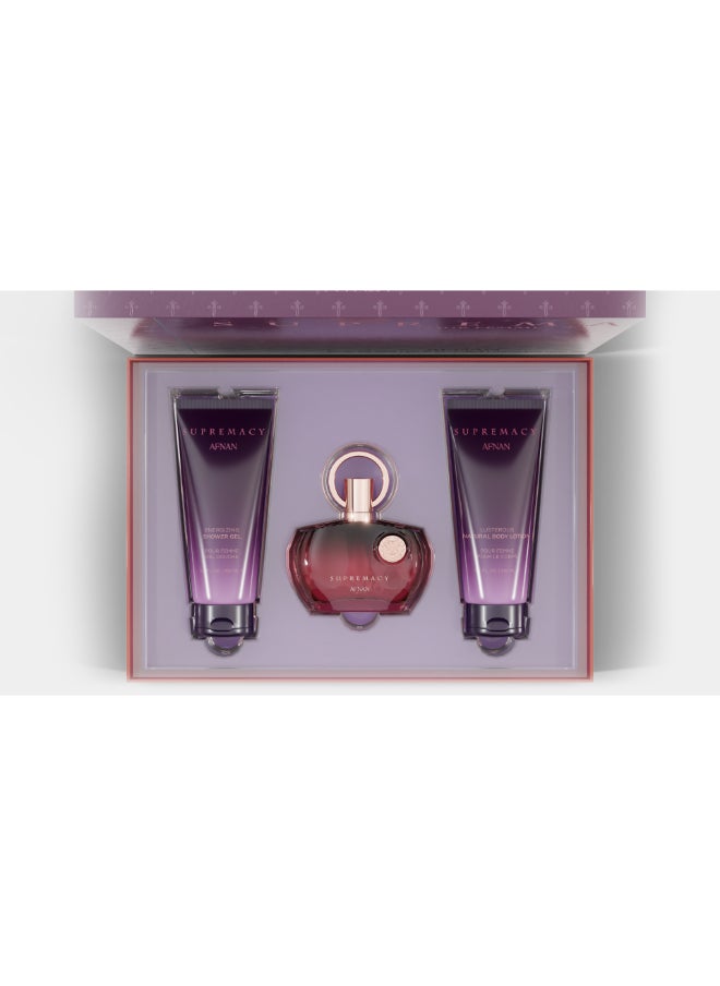 Gift Set Supremacy Purple Eau De Parfum 100 Ml + Body Lotion 100 Ml + Shower Gel 100 Ml, Perfume Gift Set For Women