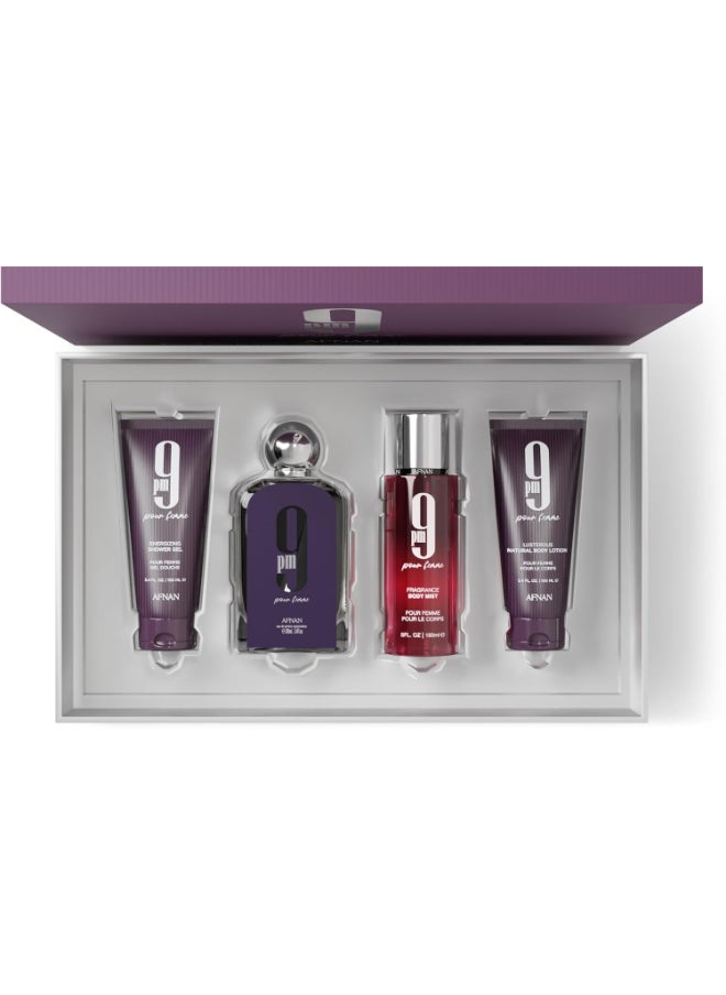 Gift Set 9 Pm Femme Eau De Parfum 100 Ml + Shower Gel 100 Ml + Body Lotion100 Ml + Body Mist 150 Ml, Perfume Gift Set For Women