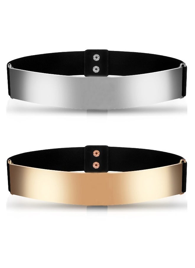 Ladies Mirror Elastic Belt, 2 Pieces Adjustable Fashion Slim Dress Belt Clothes Decorative Accessories for Girls Women (Silver, Gold)