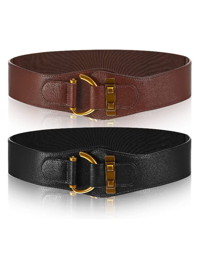 Women's Vintage Wide Belt Leather Stretchy Belt with Interlock Buckle Retro Cinch Belt Waist Belt for Women Dress 2 Pcs