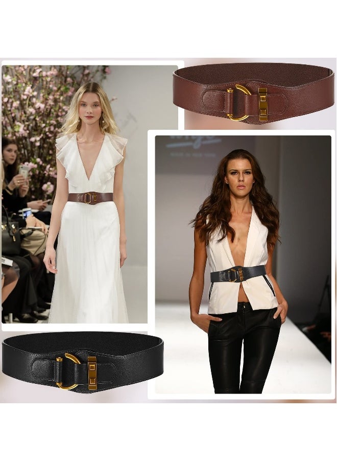 Women's Vintage Wide Belt Leather Stretchy Belt with Interlock Buckle Retro Cinch Belt Waist Belt for Women Dress 2 Pcs