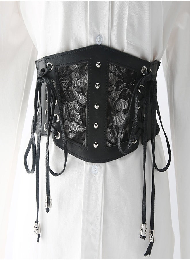Women Corset Belt, Belt Female Decorative Gauge Sense of Seniority with Skirt Lace Wide Paragraph Waist Cover Versatile Black Belt, Lace Elastic Elastic Tunic Decoration With Dress Shirt Outer Wear