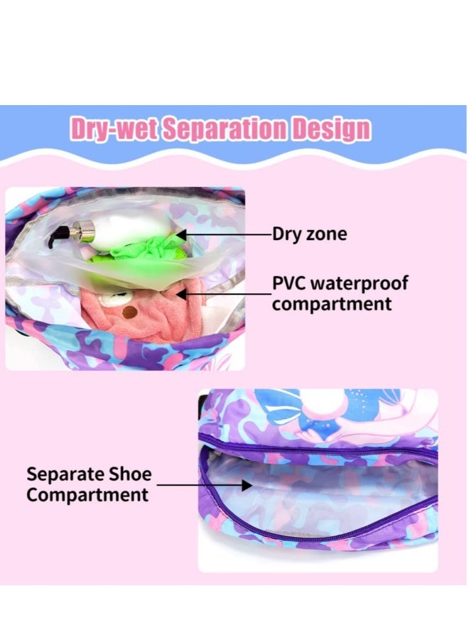 Drawstring Bag Kids Swimming Bag, Waterproof Lightweight String Bag For Outdoor Yoga Gym Swimming Travel with Zippered Pocket Shoe Compartment Sports Gym PE Beach Bag for Girls
