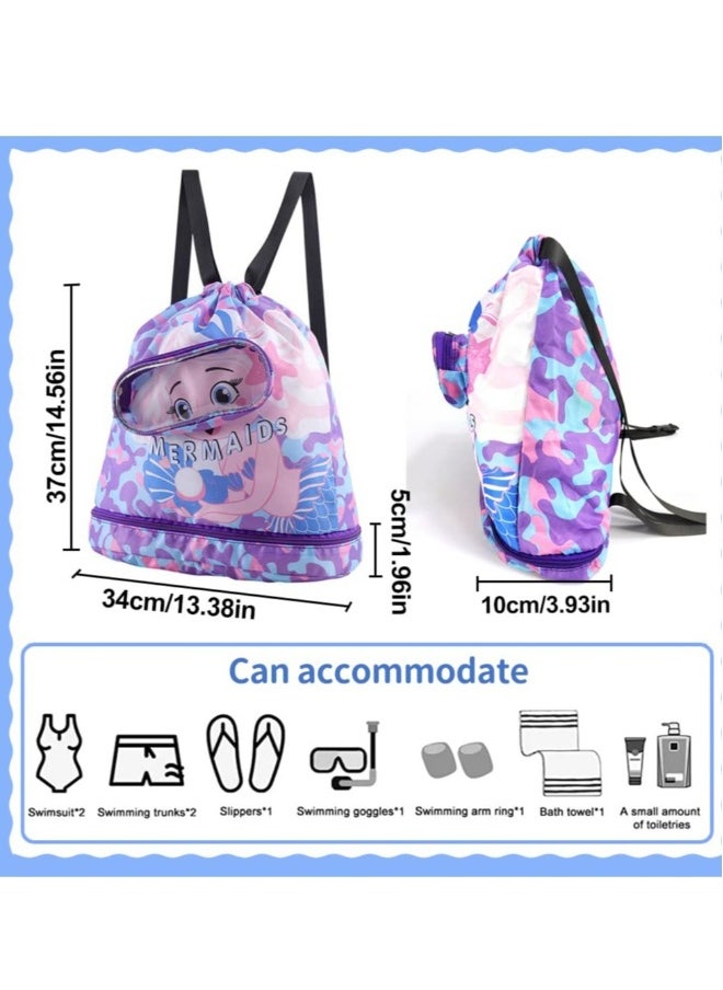 Drawstring Bag Kids Swimming Bag, Waterproof Lightweight String Bag For Outdoor Yoga Gym Swimming Travel with Zippered Pocket Shoe Compartment Sports Gym PE Beach Bag for Girls