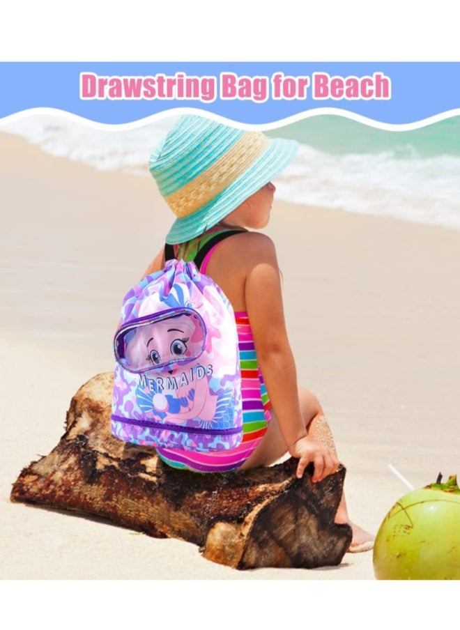 Drawstring Bag Kids Swimming Bag, Waterproof Lightweight String Bag For Outdoor Yoga Gym Swimming Travel with Zippered Pocket Shoe Compartment Sports Gym PE Beach Bag for Girls