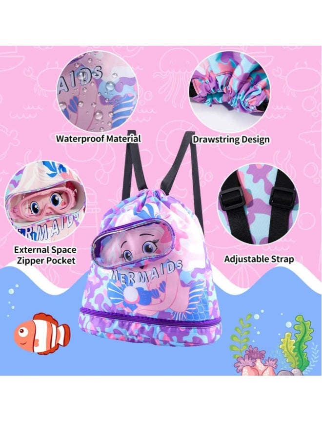 Drawstring Bag Kids Swimming Bag, Waterproof Lightweight String Bag For Outdoor Yoga Gym Swimming Travel with Zippered Pocket Shoe Compartment Sports Gym PE Beach Bag for Girls