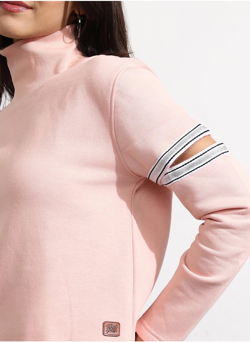 Women's Light Pink Pullover Sweatshirt With Cut-Out Sleeves