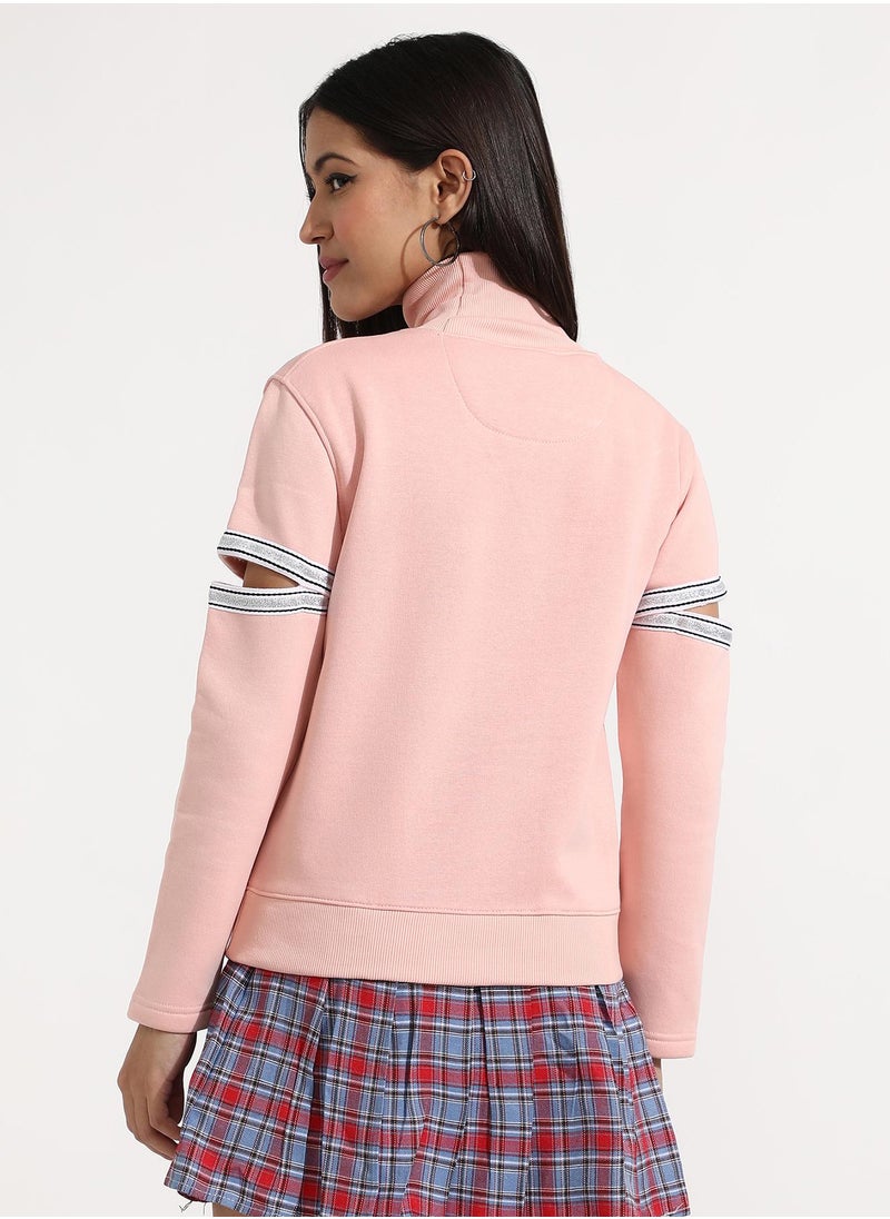 Women's Light Pink Pullover Sweatshirt With Cut-Out Sleeves