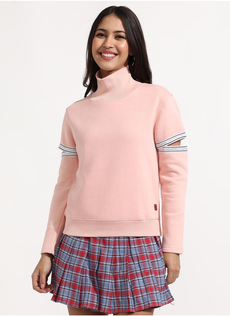 Women's Light Pink Pullover Sweatshirt With Cut-Out Sleeves