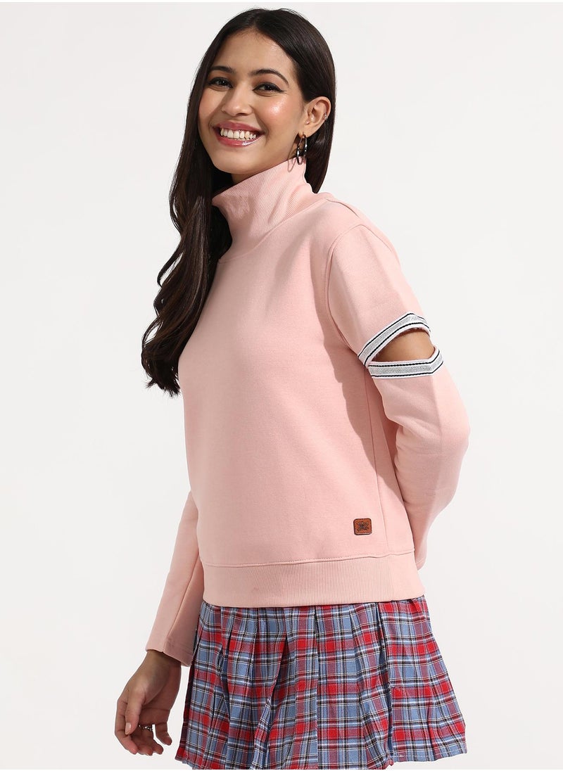 Women's Light Pink Pullover Sweatshirt With Cut-Out Sleeves